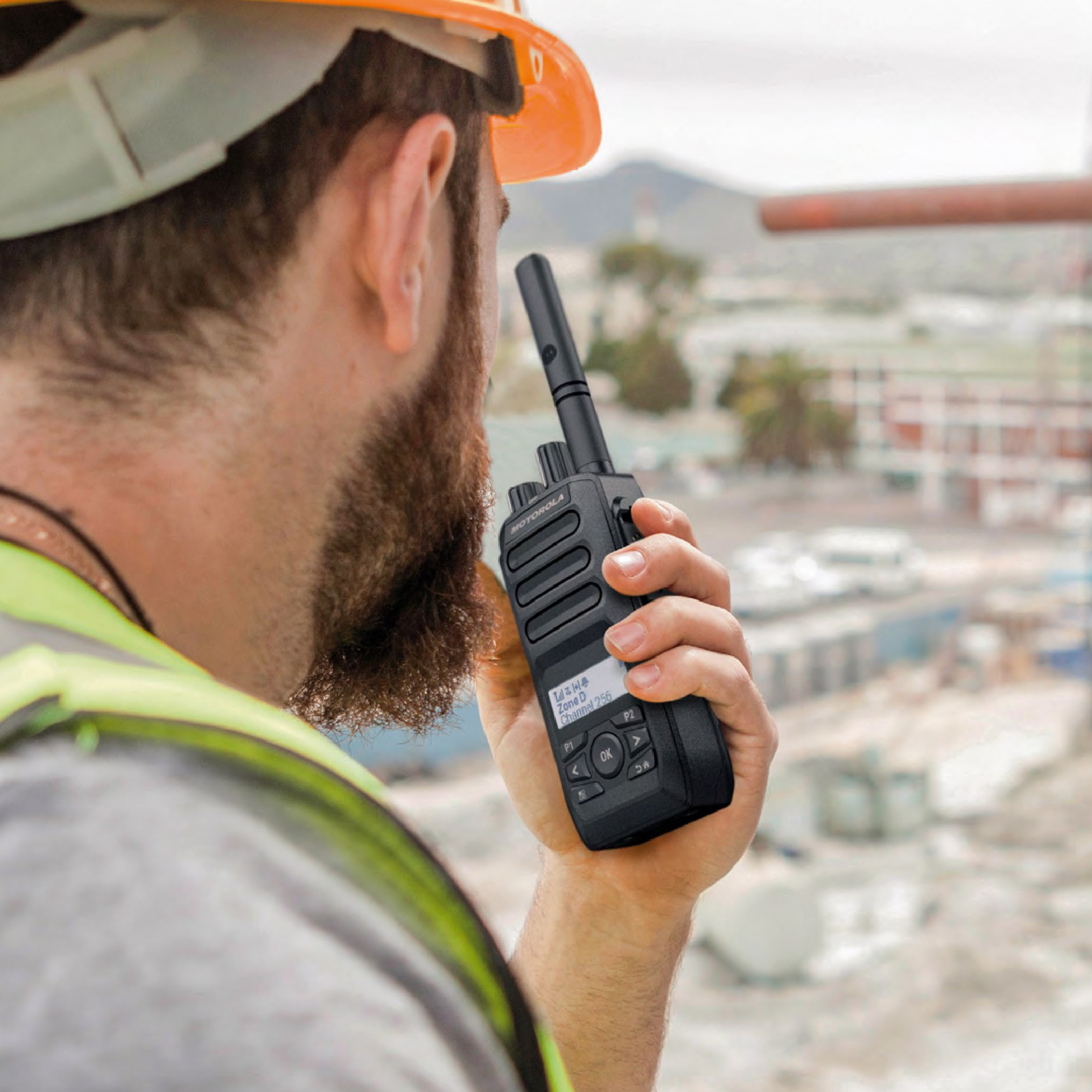 MOTOTRBO R5 portable two-way radios in an industrial, construction environment
